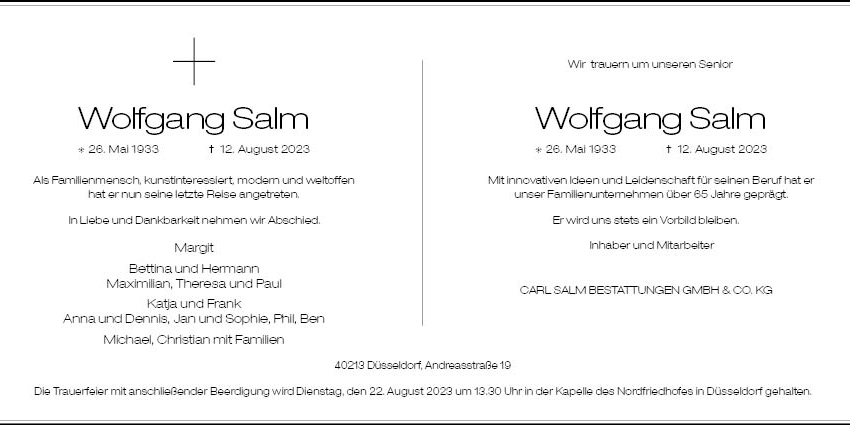 Salm W. Anzeige & Nachruf